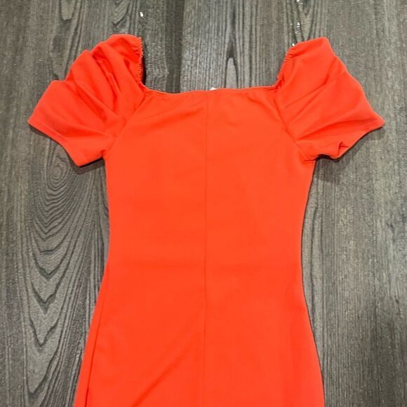Gibiu Dress Mini Puff Sleeve Square Neck Fitted Bodycon Orange Size S - Picture 8 of 8